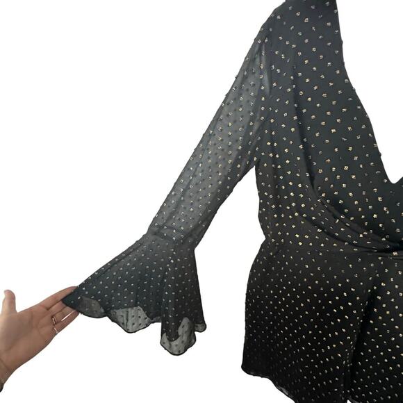 New Jay Godfrey Black Gold Metallic Polka Dot Romper Long Bell Sleeve Sz 6 - Picture 6 of 13